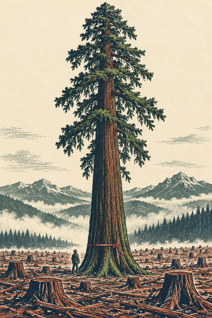 A lone, enormous Douglas fir standing in a clear-cut, with a tiny logger at its base.