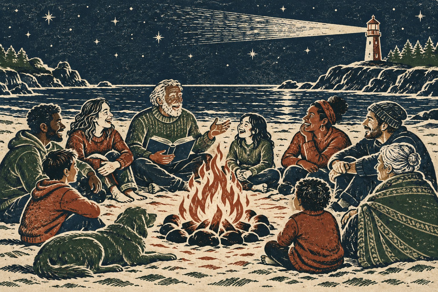 People of all ages talking around a beach campfire at night while a lighthouse beam sweeps the sky.