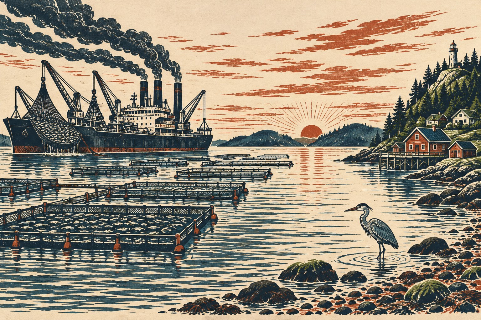 An enormous smoking factory ship hauls up bulging nets beside rows of crowded fish-farm pens, while a heron stands in the shallows of a quiet island shore.