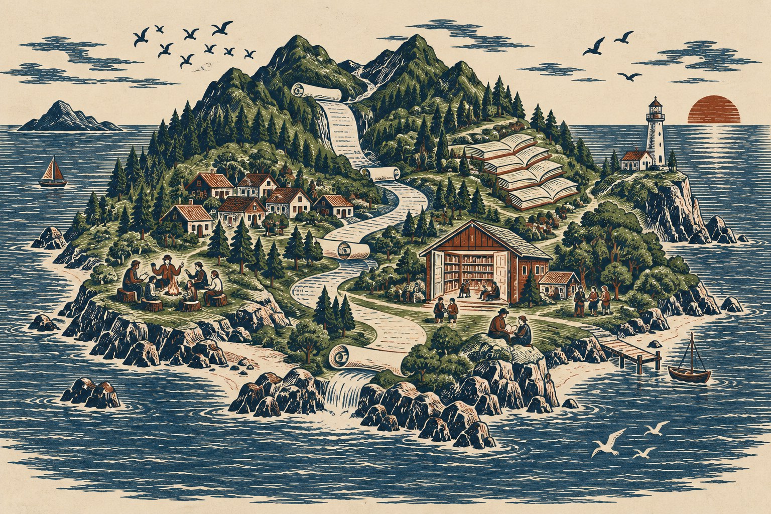 Linocut illustration of a peaceful island: a village, a library with open doors, a lighthouse, people telling stories around a fire, and a river shaped like an unrolled scroll.
