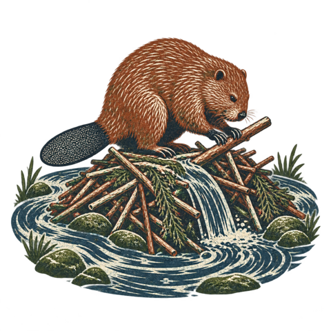 A beaver adjusting its dam as water loops around it.