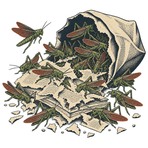 A swarm of identical locusts spilling from a sack, devouring book pages.