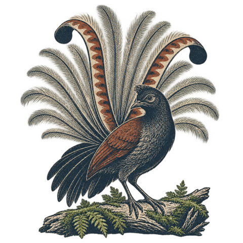 A lyrebird with its tail fanned in display: a famous mimic.