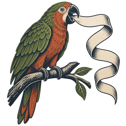A parrot squawking a long ribbon of blank paper.