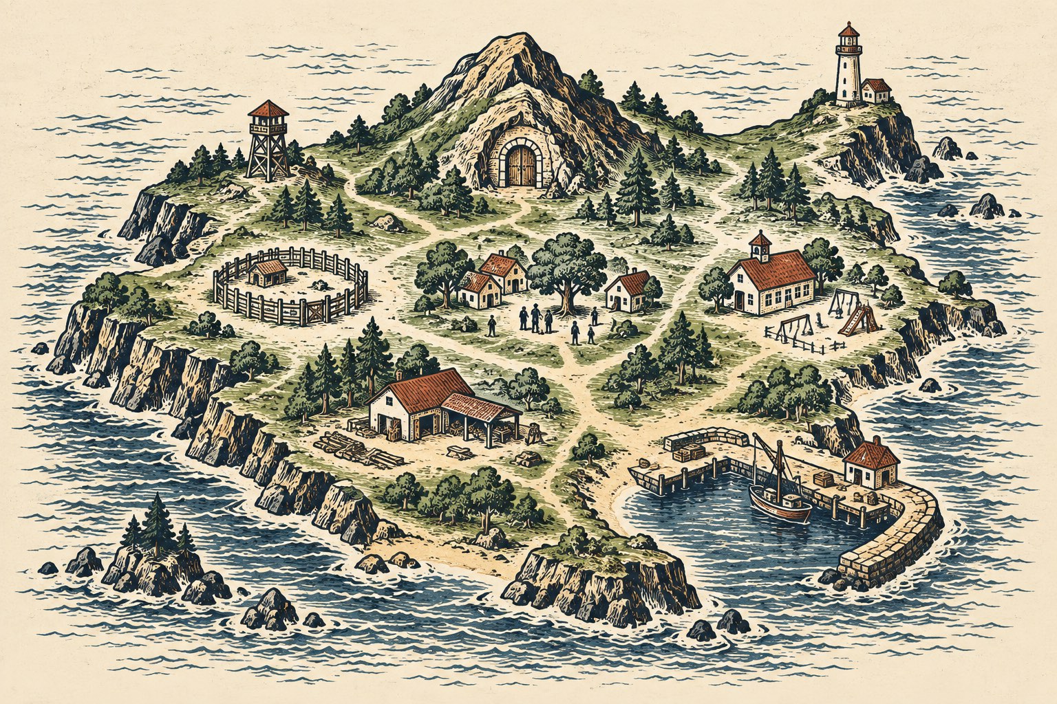 An antique map of the island with a lighthouse, archive vault, watchtower, quarantine pen, schoolhouse, village green, workshop and harbour.